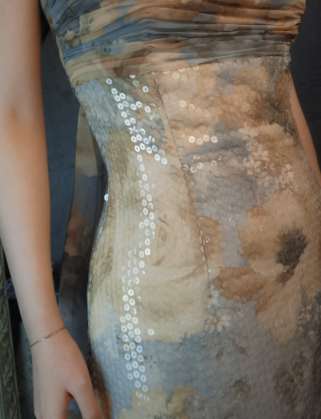 Vintage Eng anliegendes Spaghettiträger Pailletten Langes Ballkleid Abendkleid P4308