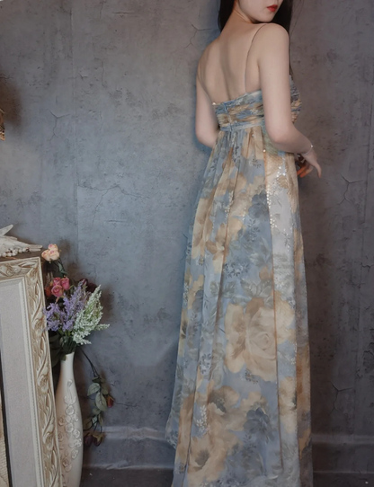 Vintage Eng anliegendes Spaghettiträger Pailletten Langes Ballkleid Abendkleid P4308