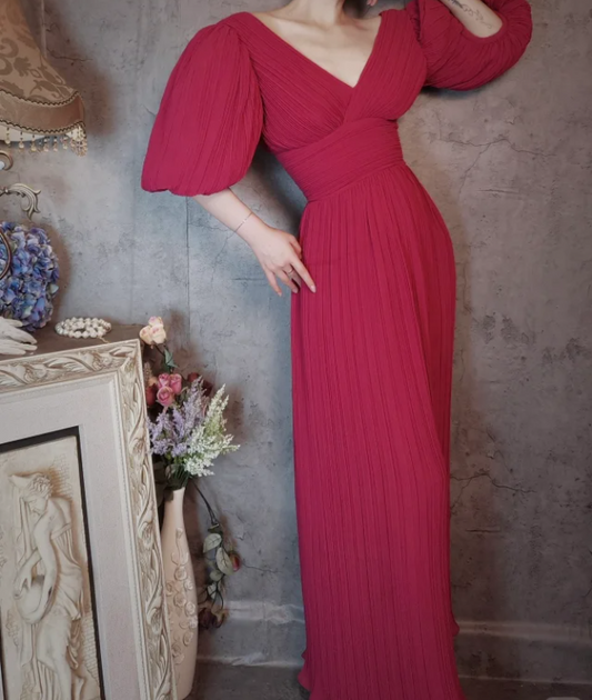 Elegant Rose Pink V-neck Puff Sleeve Pleated Long Prom Dress Evening Dress P4309