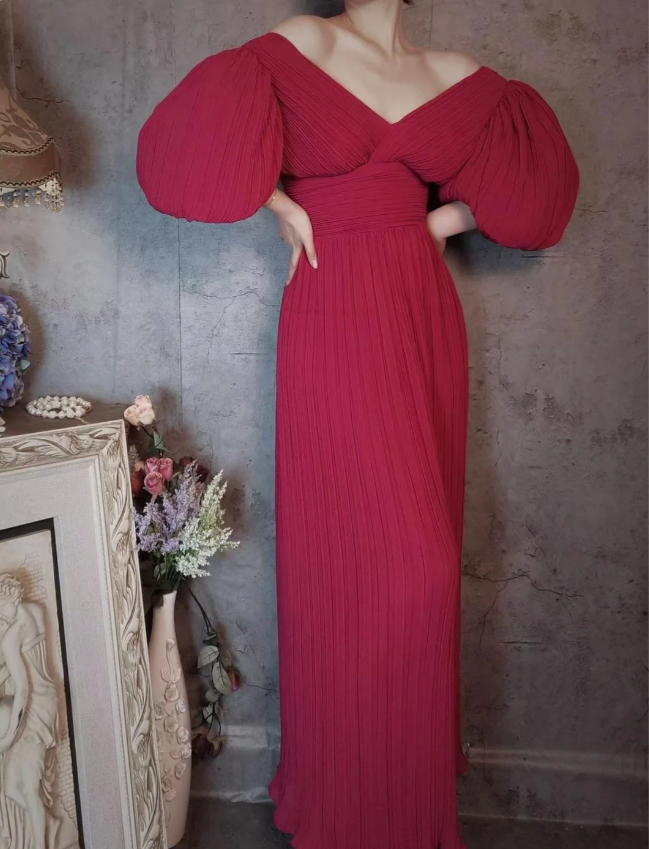 Elegantes rosafarbenes V-Ausschnitt Puffärmel Plissiertes langes Ballkleid Abendkleid P4309