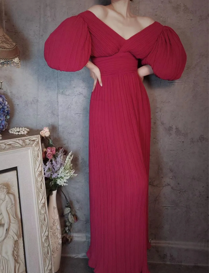 Elegantes rosafarbenes V-Ausschnitt Puffärmel Plissiertes langes Ballkleid Abendkleid P4309