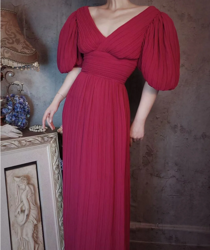Elegantes rosafarbenes V-Ausschnitt Puffärmel Plissiertes langes Ballkleid Abendkleid P4309