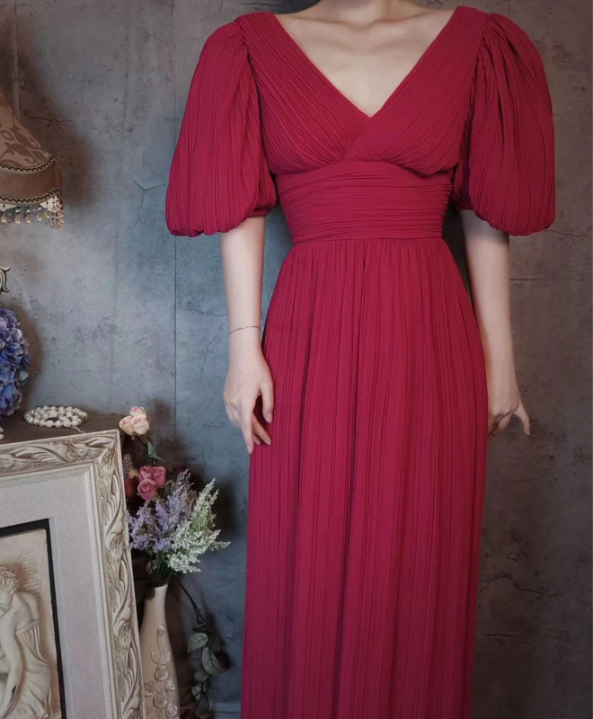 Elegantes rosafarbenes V-Ausschnitt Puffärmel Plissiertes langes Ballkleid Abendkleid P4309