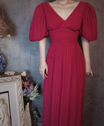 Elegantes rosafarbenes V-Ausschnitt Puffärmel Plissiertes langes Ballkleid Abendkleid P4309