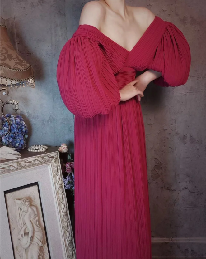Elegantes rosafarbenes V-Ausschnitt Puffärmel Plissiertes langes Ballkleid Abendkleid P4309