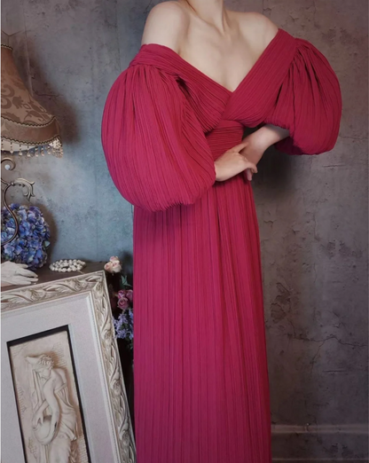 Elegantes rosafarbenes V-Ausschnitt Puffärmel Plissiertes langes Ballkleid Abendkleid P4309