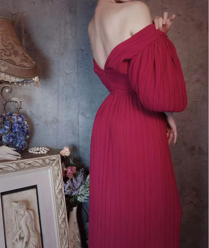 Elegantes rosafarbenes V-Ausschnitt Puffärmel Plissiertes langes Ballkleid Abendkleid P4309