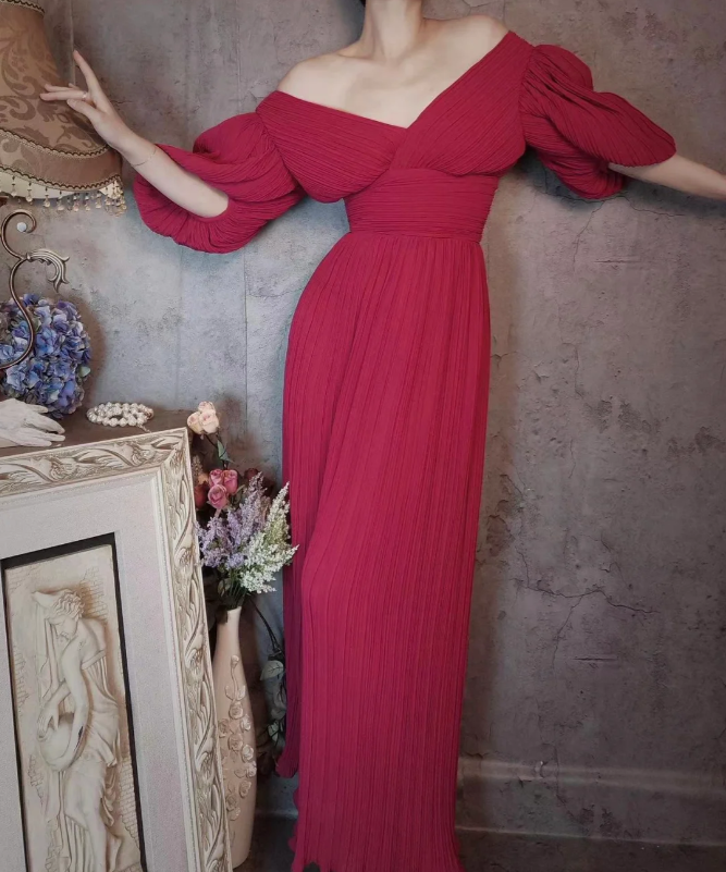 Elegantes rosafarbenes V-Ausschnitt Puffärmel Plissiertes langes Ballkleid Abendkleid P4309