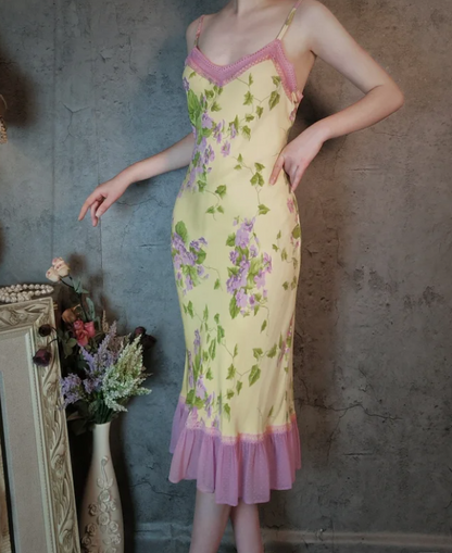 Retro Gelb-Violettes Blumen Meerjungfrauen Spaghetti-Träger V-Ausschnitt Chiffon Ballkleid Abendkleid P4311