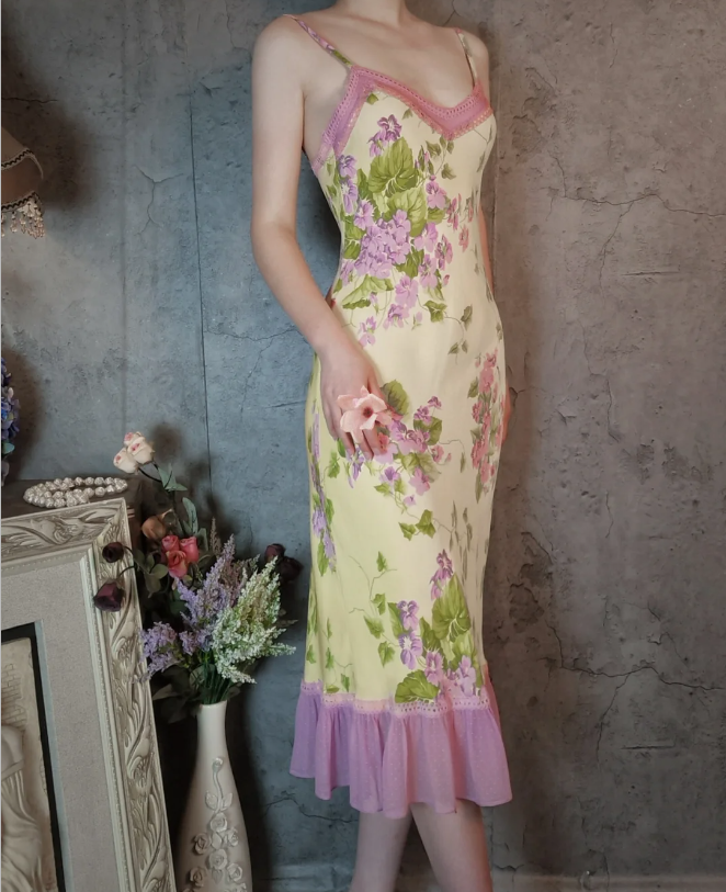 Retro Gelb-Violettes Blumen Meerjungfrauen Spaghetti-Träger V-Ausschnitt Chiffon Ballkleid Abendkleid P4311