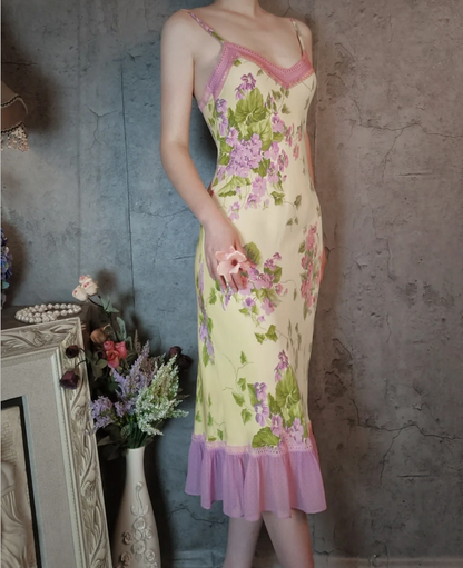 Retro Gelb-Violettes Blumen Meerjungfrauen Spaghetti-Träger V-Ausschnitt Chiffon Ballkleid Abendkleid P4311