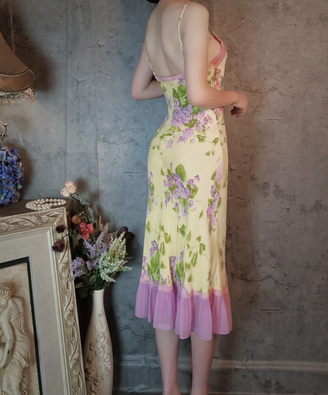 Retro Gelb-Violettes Blumen Meerjungfrauen Spaghetti-Träger V-Ausschnitt Chiffon Ballkleid Abendkleid P4311