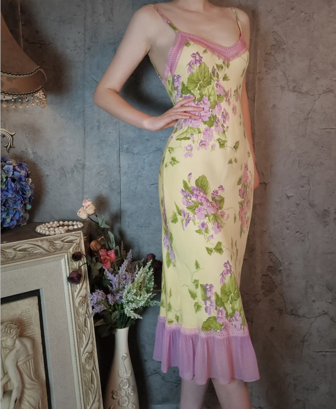 Retro Gelb-Violettes Blumen Meerjungfrauen Spaghetti-Träger V-Ausschnitt Chiffon Ballkleid Abendkleid P4311