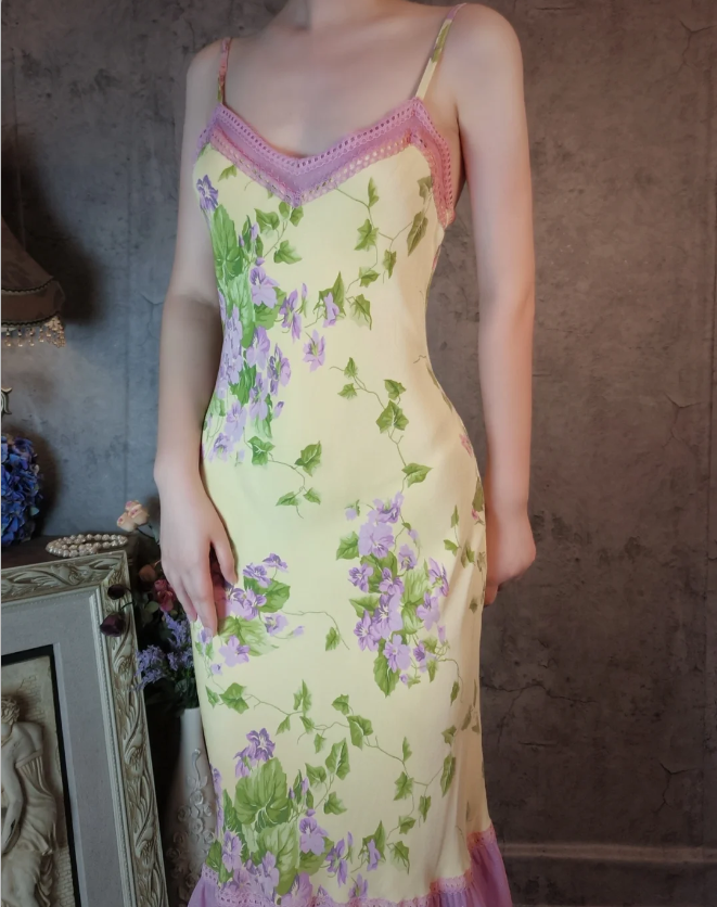 Retro Gelb-Violettes Blumen Meerjungfrauen Spaghetti-Träger V-Ausschnitt Chiffon Ballkleid Abendkleid P4311