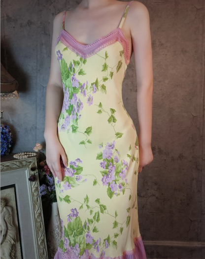 Retro Gelb-Violettes Blumen Meerjungfrauen Spaghetti-Träger V-Ausschnitt Chiffon Ballkleid Abendkleid P4311