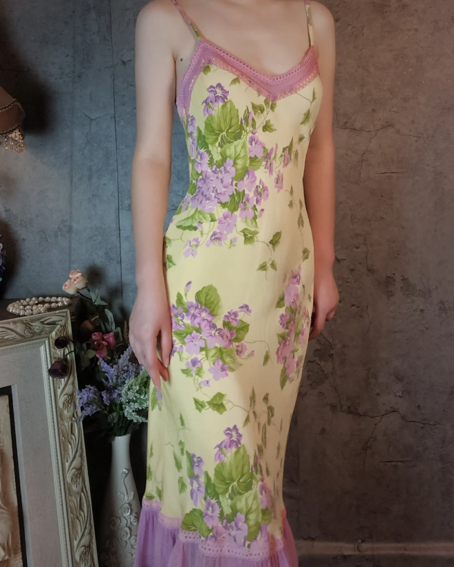 Retro Gelb-Violettes Blumen Meerjungfrauen Spaghetti-Träger V-Ausschnitt Chiffon Ballkleid Abendkleid P4311