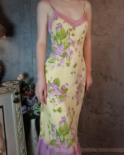 Retro Gelb-Violettes Blumen Meerjungfrauen Spaghetti-Träger V-Ausschnitt Chiffon Ballkleid Abendkleid P4311