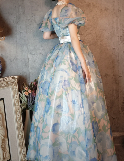 Vintage Blue Floral A-line Square Neck Puff Sleeve Glossy Organza Long Prom Dress Evening Dress P4313