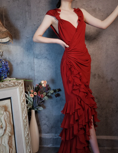 Vintage Burgund Meerjungfrau Tiefer V-Ausschnitt Mehrlagiger Rüschen Chiffon Langes Ballkleid Abendkleid P4314