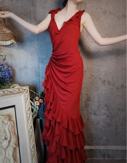 Vintage Burgund Meerjungfrau Tiefer V-Ausschnitt Mehrlagiger Rüschen Chiffon Langes Ballkleid Abendkleid P4314