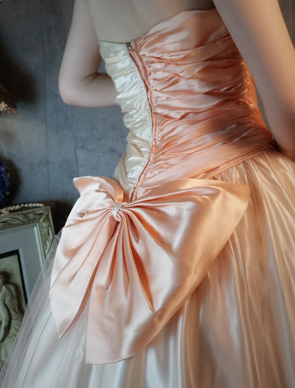 Prinzessin Champagnerrosa A-Linie Süße Schleife Satin Abschlussballkleid Abendkleid Sweet 16 Kleid P4316