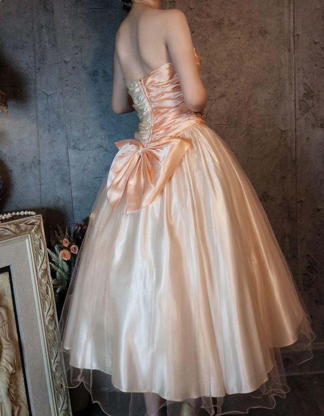 Prinzessin Champagnerrosa A-Linie Süße Schleife Satin Abschlussballkleid Abendkleid Sweet 16 Kleid P4316