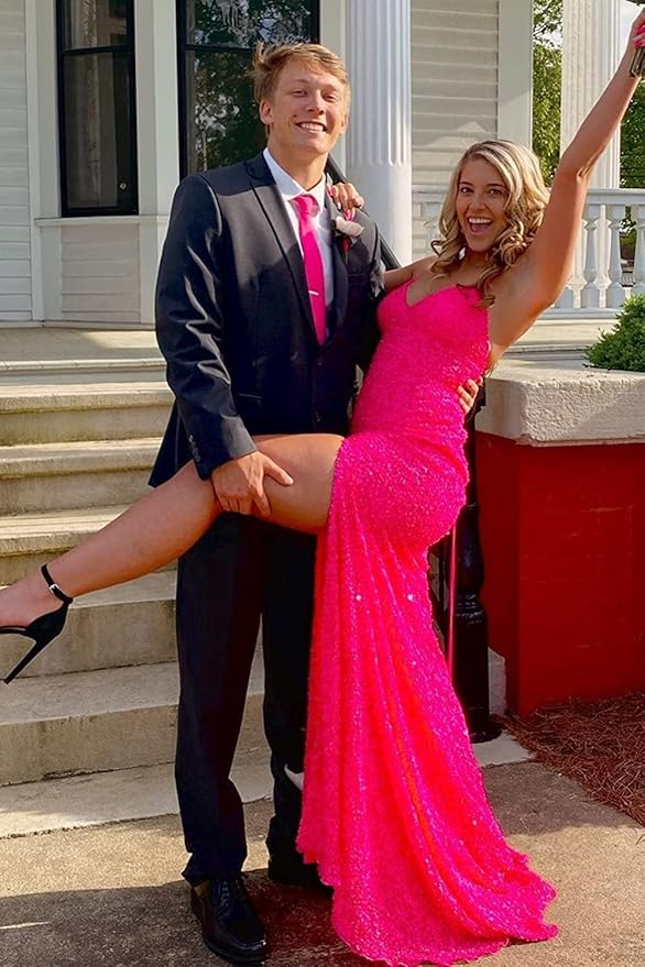 Elegant Mermaid Sequin Pink Long Prom Dresses Formal Dress P2226