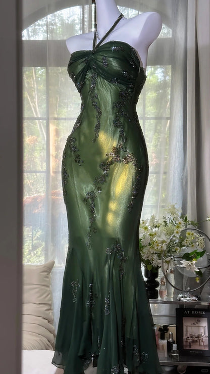 Luxuriöses dunkelgrünes Meerjungfrauen-Abendkleid aus Chiffon mit Perlenstickerei P4032