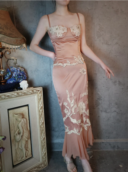 Elegantes pinkes Meerjungfrauen-Spaghettiträger-Kleid aus Satin mit Spitzenstickereien für Abschlussball/Abend P4320
