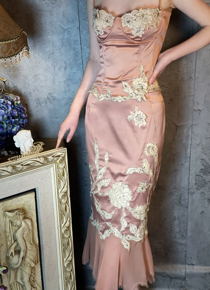 Elegantes pinkes Meerjungfrauen-Spaghettiträger-Kleid aus Satin mit Spitzenstickereien für Abschlussball/Abend P4320
