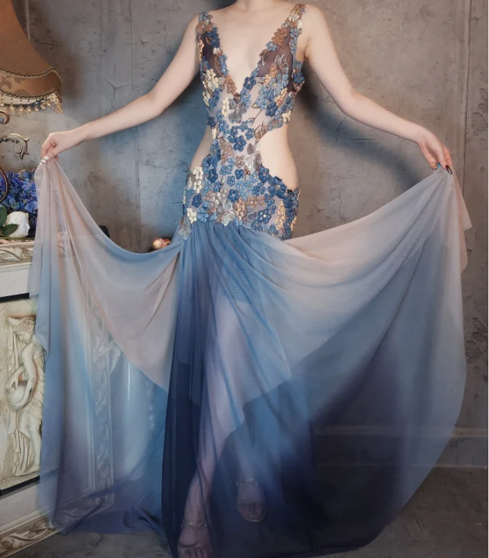 Wunderschönes Gradient Blau 3D Blumenmuster Durchbrochener Chiffon Langes Ballkleid Abendkleid P4322