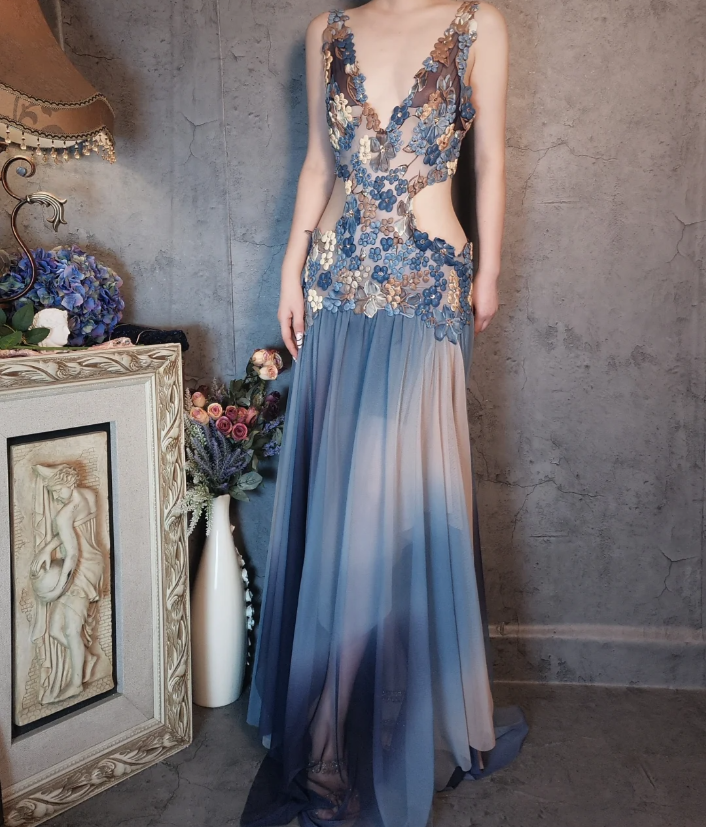Wunderschönes Gradient Blau 3D Blumenmuster Durchbrochener Chiffon Langes Ballkleid Abendkleid P4322