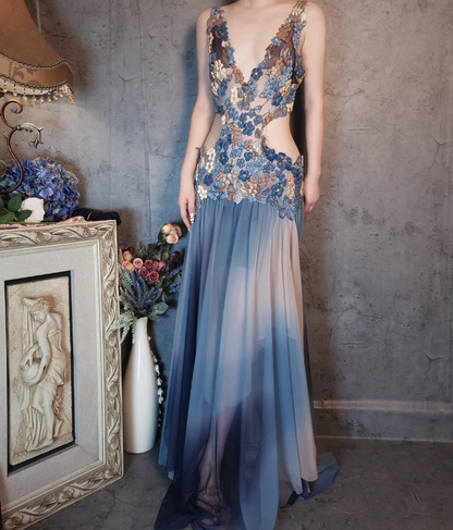 Wunderschönes Gradient Blau 3D Blumenmuster Durchbrochener Chiffon Langes Ballkleid Abendkleid P4322