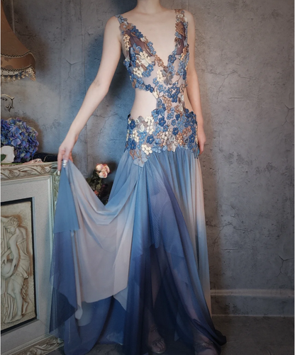 Wunderschönes Gradient Blau 3D Blumenmuster Durchbrochener Chiffon Langes Ballkleid Abendkleid P4322