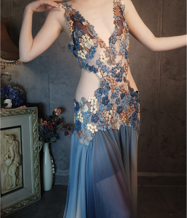 Wunderschönes Gradient Blau 3D Blumenmuster Durchbrochener Chiffon Langes Ballkleid Abendkleid P4322