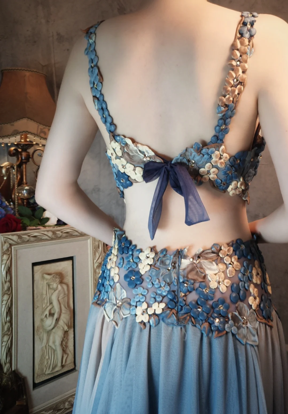 Wunderschönes Gradient Blau 3D Blumenmuster Durchbrochener Chiffon Langes Ballkleid Abendkleid P4322