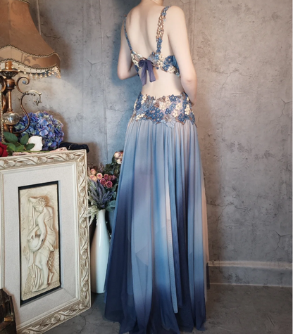 Wunderschönes Gradient Blau 3D Blumenmuster Durchbrochener Chiffon Langes Ballkleid Abendkleid P4322
