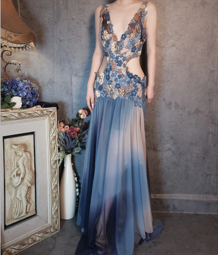 Wunderschönes Gradient Blau 3D Blumenmuster Durchbrochener Chiffon Langes Ballkleid Abendkleid P4322