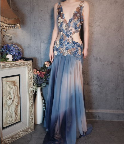Wunderschönes Gradient Blau 3D Blumenmuster Durchbrochener Chiffon Langes Ballkleid Abendkleid P4322
