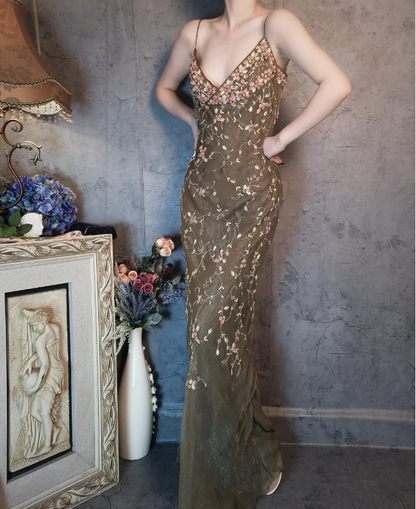 Vintage Grünes Meerjungfrauen-Spaghettiträger-Kleid mit tiefem V-Ausschnitt, 3D-Blumenstickerei, langes Ballkleid Abendkleid P4325