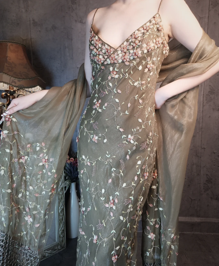 Vintage Grünes Meerjungfrauen-Spaghettiträger-Kleid mit tiefem V-Ausschnitt, 3D-Blumenstickerei, langes Ballkleid Abendkleid P4325
