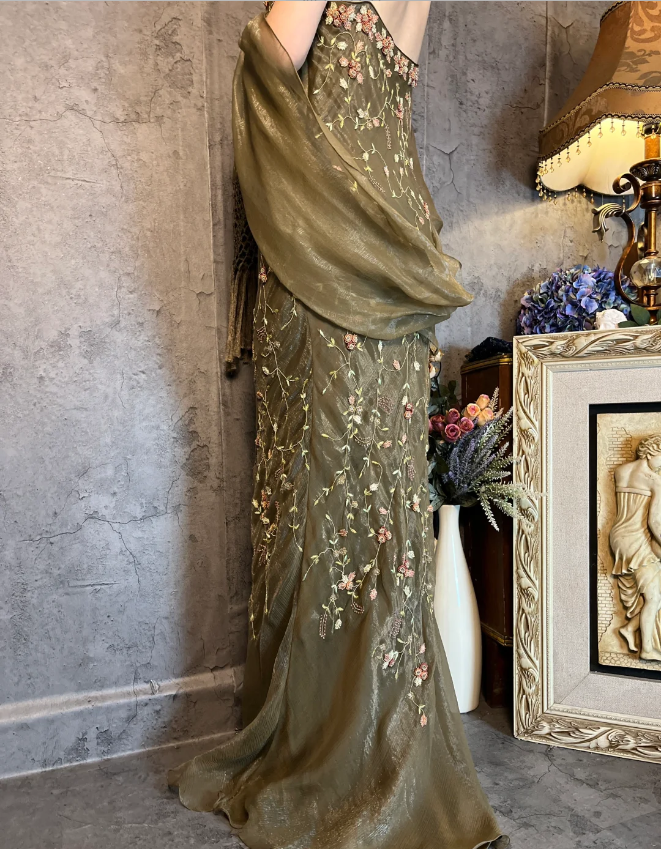 Vintage Grünes Meerjungfrauen-Spaghettiträger-Kleid mit tiefem V-Ausschnitt, 3D-Blumenstickerei, langes Ballkleid Abendkleid P4325