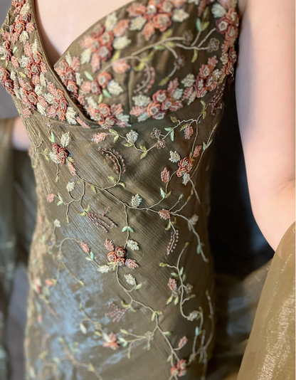 Vintage Grünes Meerjungfrauen-Spaghettiträger-Kleid mit tiefem V-Ausschnitt, 3D-Blumenstickerei, langes Ballkleid Abendkleid P4325