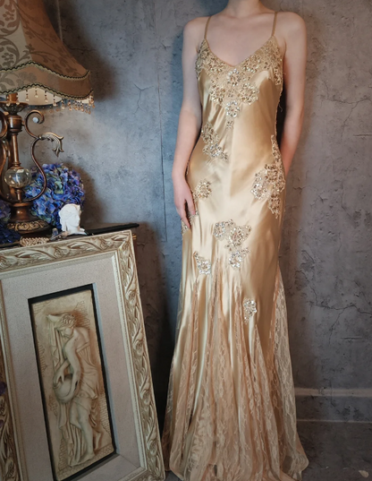 Vintage Meerjungfrau Champagnergold Pailletten Spitze Satin Langes Abschlussballkleid Abendkleid P4326