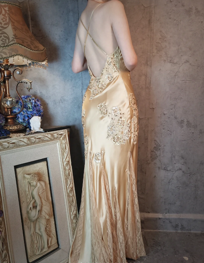 Vintage Meerjungfrau Champagnergold Pailletten Spitze Satin Langes Abschlussballkleid Abendkleid P4326