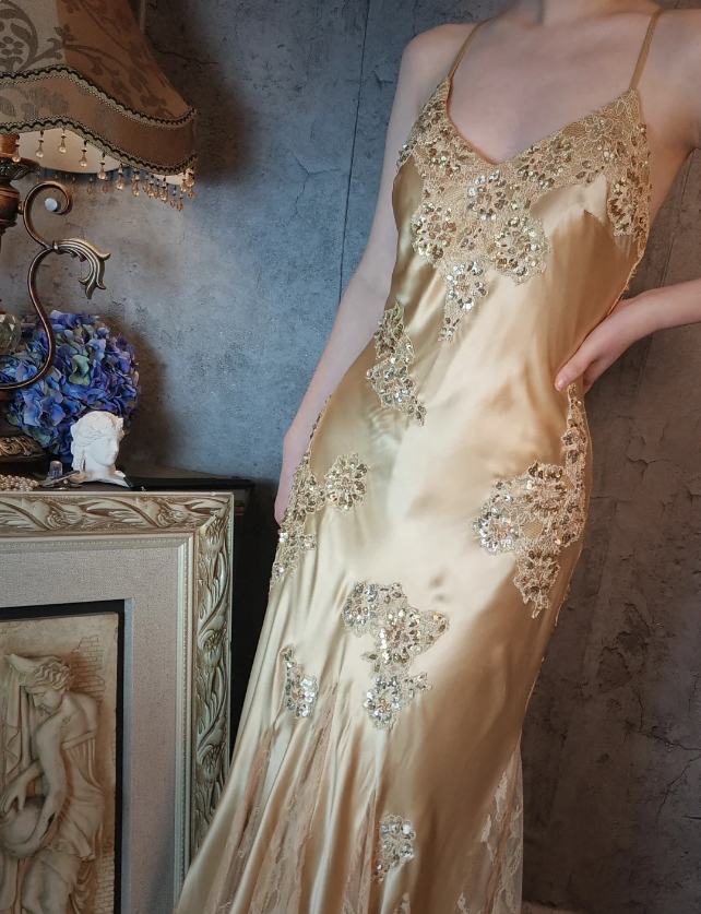 Vintage Meerjungfrau Champagnergold Pailletten Spitze Satin Langes Abschlussballkleid Abendkleid P4326