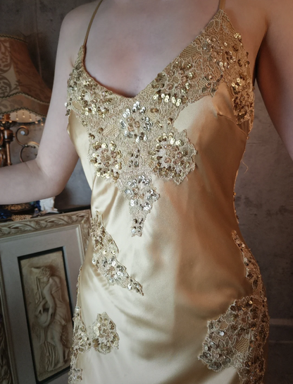 Vintage Meerjungfrau Champagnergold Pailletten Spitze Satin Langes Abschlussballkleid Abendkleid P4326