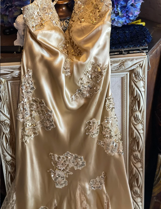 Vintage Meerjungfrau Champagnergold Pailletten Spitze Satin Langes Abschlussballkleid Abendkleid P4326