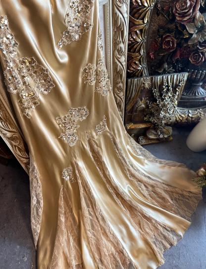 Vintage Meerjungfrau Champagnergold Pailletten Spitze Satin Langes Abschlussballkleid Abendkleid P4326