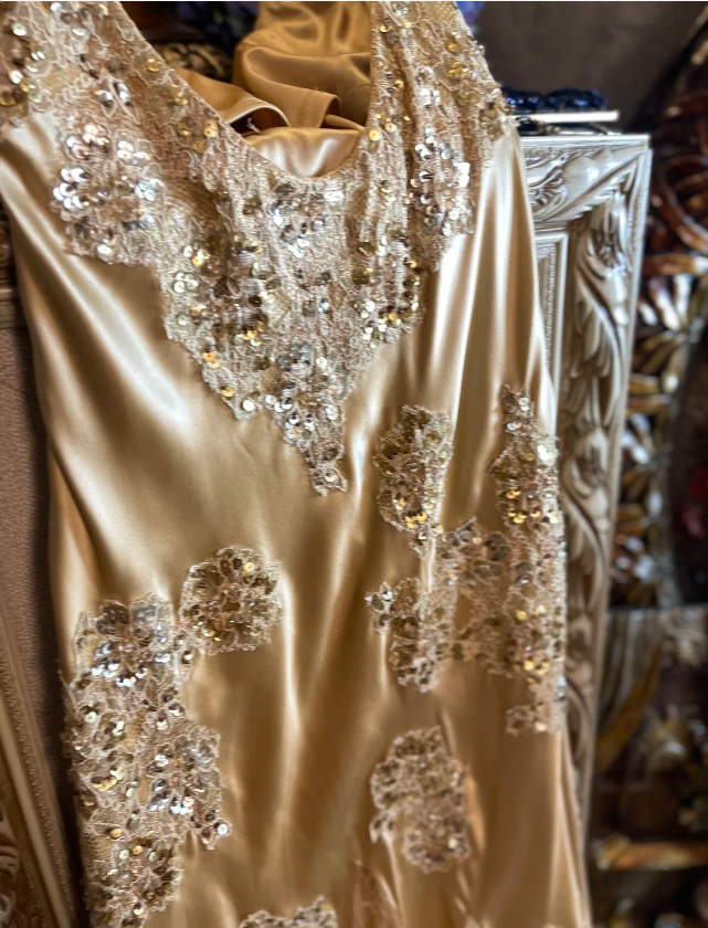 Vintage Meerjungfrau Champagnergold Pailletten Spitze Satin Langes Abschlussballkleid Abendkleid P4326